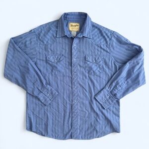 Wrangler Western Snap Shirt Blue Striped Cowboy Pearl Snap XL XXL